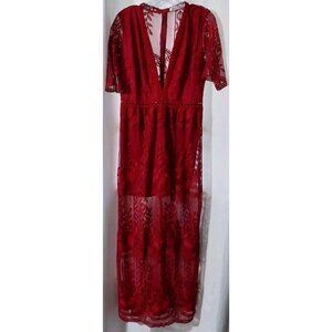 Wicky LS Womens Short Sleeve Maxi Dress Low V-Neck Lace Romper Size Large